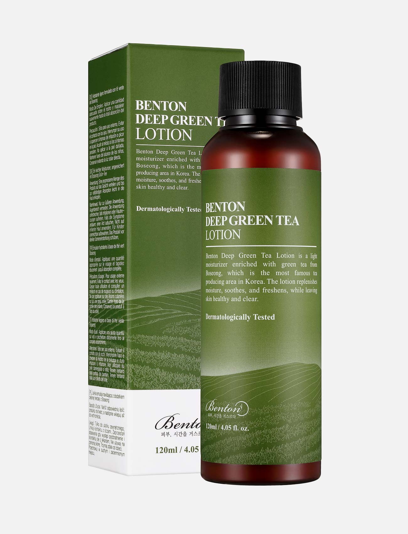 Die Benton Deep Green Tea Lotion mit Außenverpackung vor hellgrauem Hintergrund.