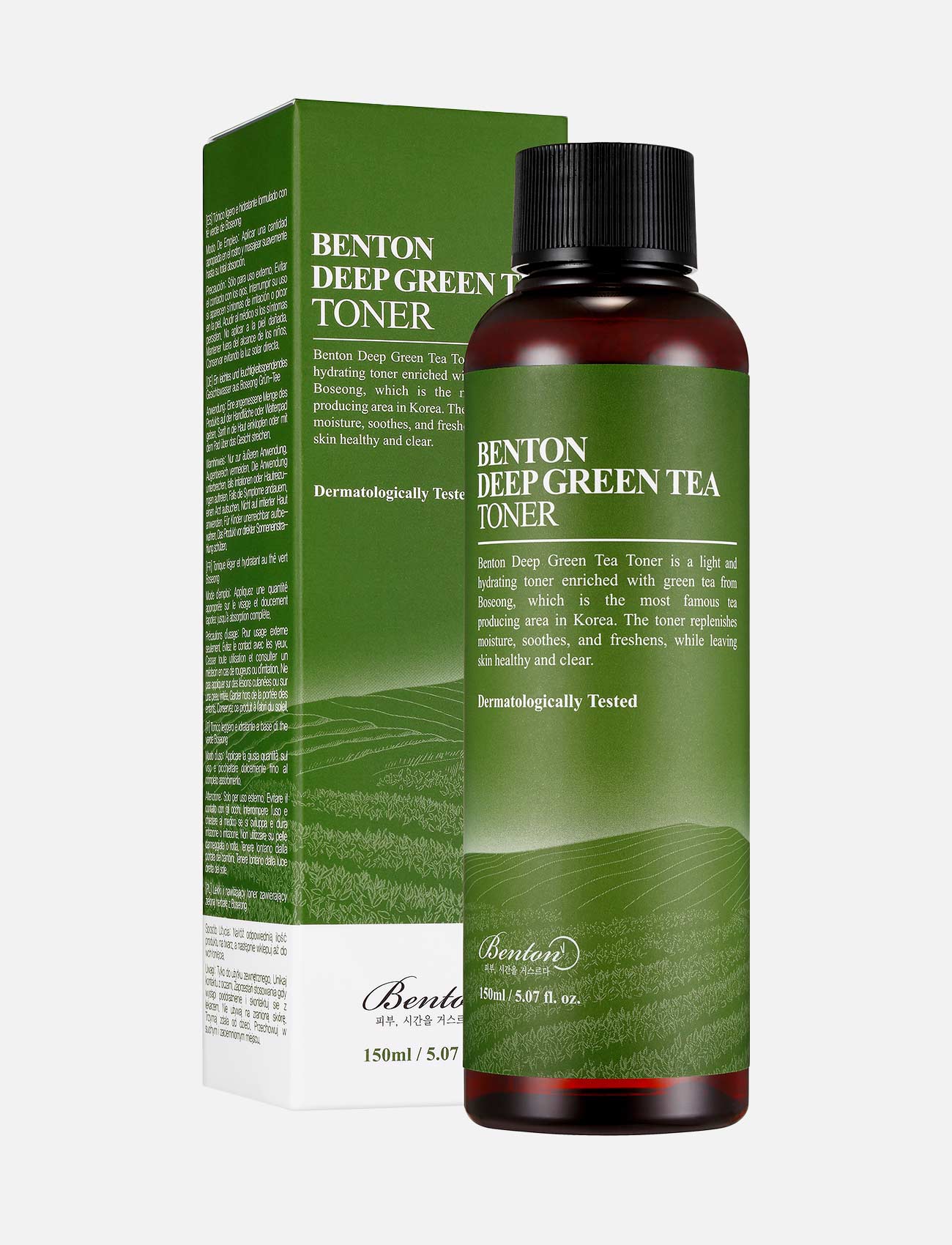 Benton Deep Green Tea Toner mit Außenverpackung vor hellgrauem Hintergrund.