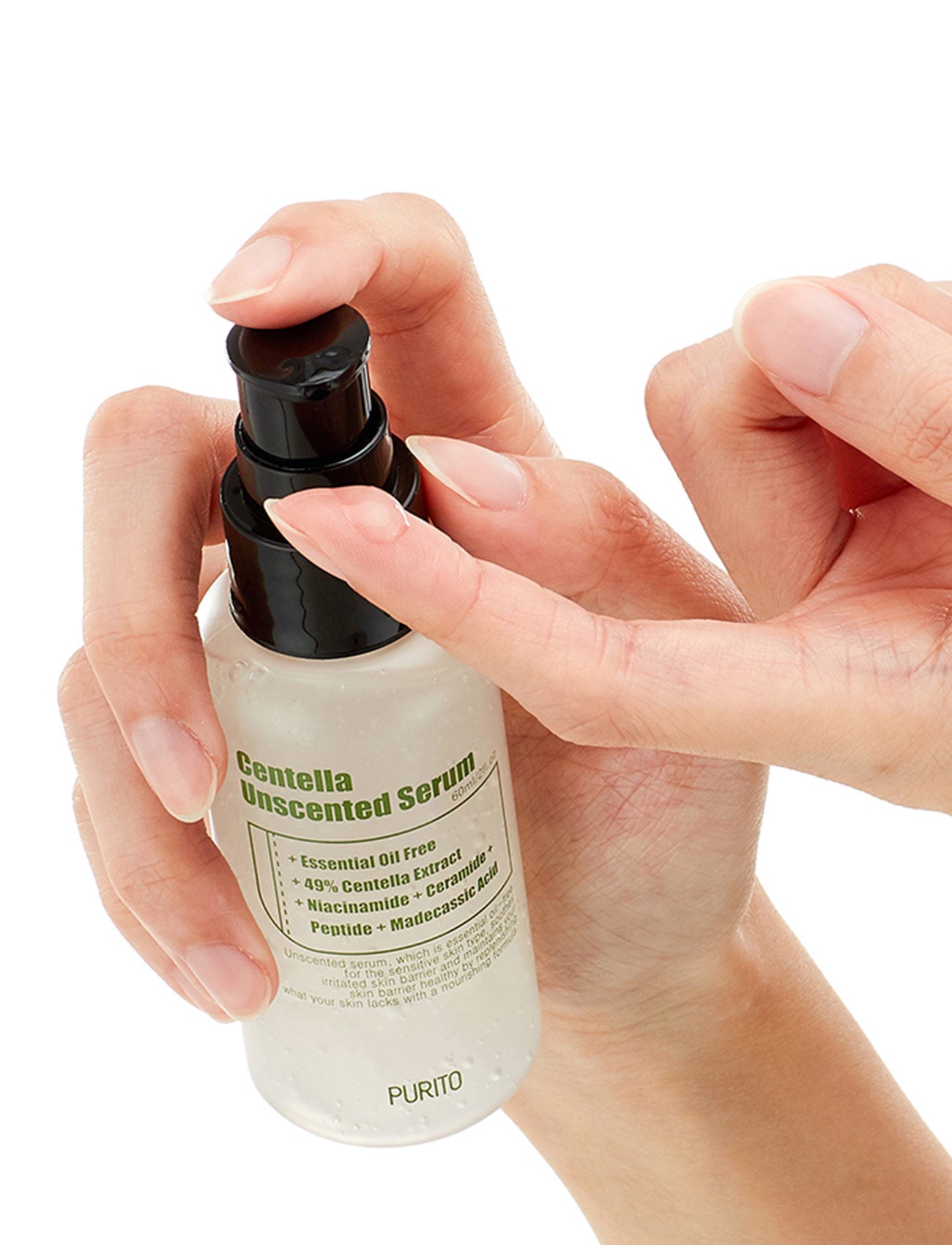 Purito Centella Unscented Serum wird auf einen Finger aufgetragen