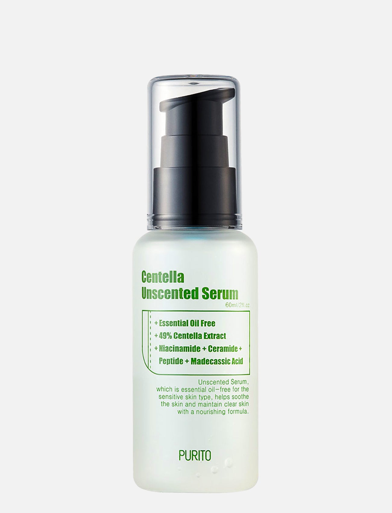 Purito Centella Unscented Serum vor hellgrauem Hintergrund.