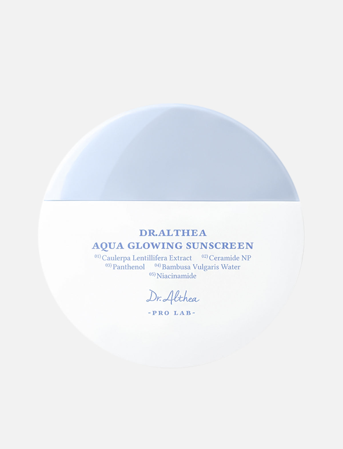 Runde weiße Flasche mit hellblauem Deckel der Dr. Althea Aqua Glowing Sunscreen, schlichtes Design mit blauer Aufschrift der Hauptinhaltsstoffe.