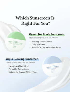 Vergleich zwischen Green Tea Fresh Sunscreen und Aqua Glowing Sunscreen von Dr. Althea mit Text zu Hauttyp, Finish und Anwendungsempfehlung.