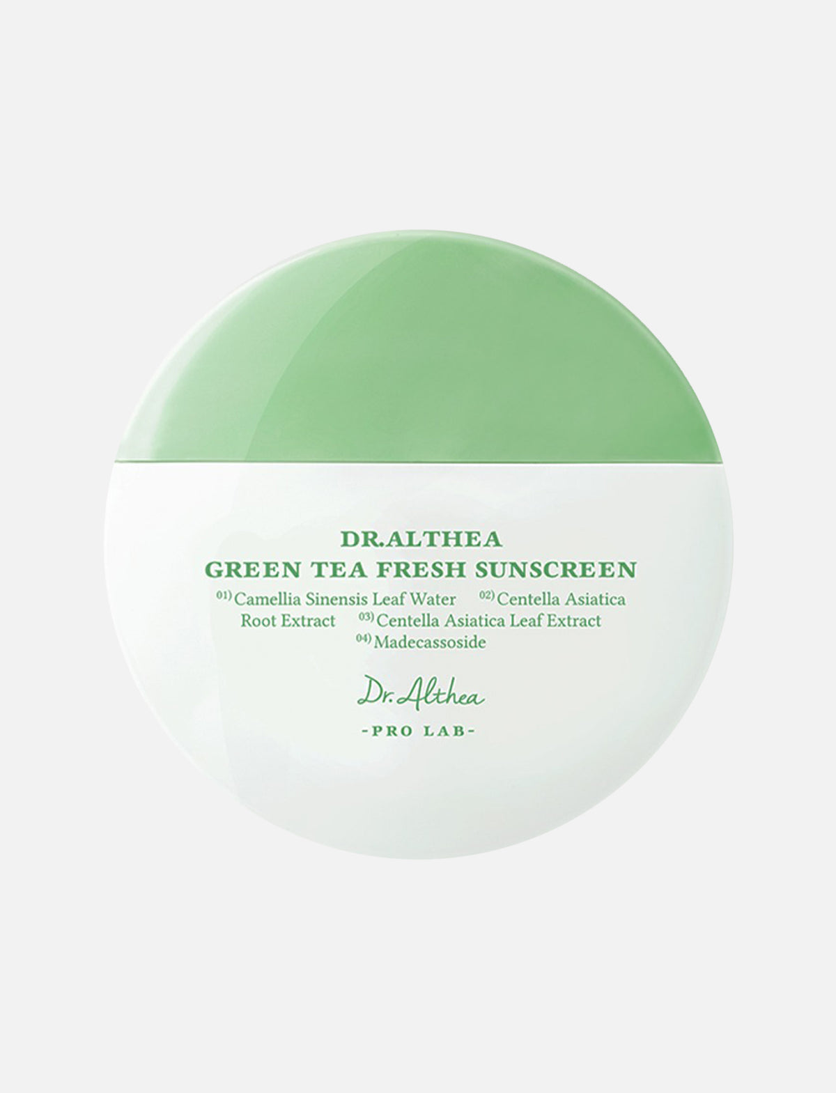 Runde weiße Flasche mit grünem Deckel der Dr. Althea Green Tea Fresh Sunscreen, minimalistische Gestaltung mit Inhaltsstoffen in grüner Schrift.