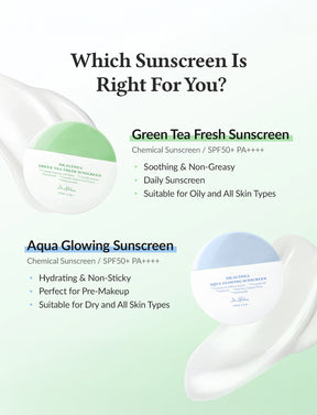 Vergleich zwischen Green Tea Fresh Sunscreen und Aqua Glowing Sunscreen von Dr. Althea mit Text zu Hauttyp, Finish und Anwendungsempfehlung.