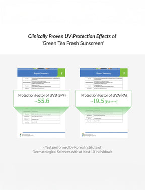 Klinisch getestete Schutzwerte der Green Tea Fresh Sunscreen mit SPF 55.6 und einem UVA-Wert von 19,5 (PA++++), dargestellt in einer offiziellen Grafik mit Testergebnis.