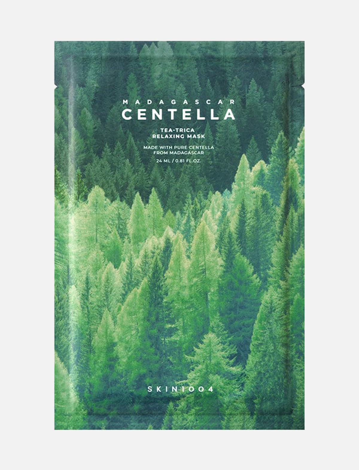 Produktfoto der SKIN1004 Madagascar Centella Tea-Trica Relaxing Mask mit grünem Waldmotiv auf der Verpackung.