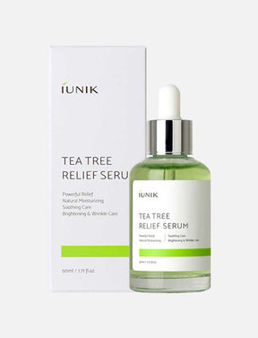 Das iUNIK Tea Tree Relief Serum mit Außenverpackung